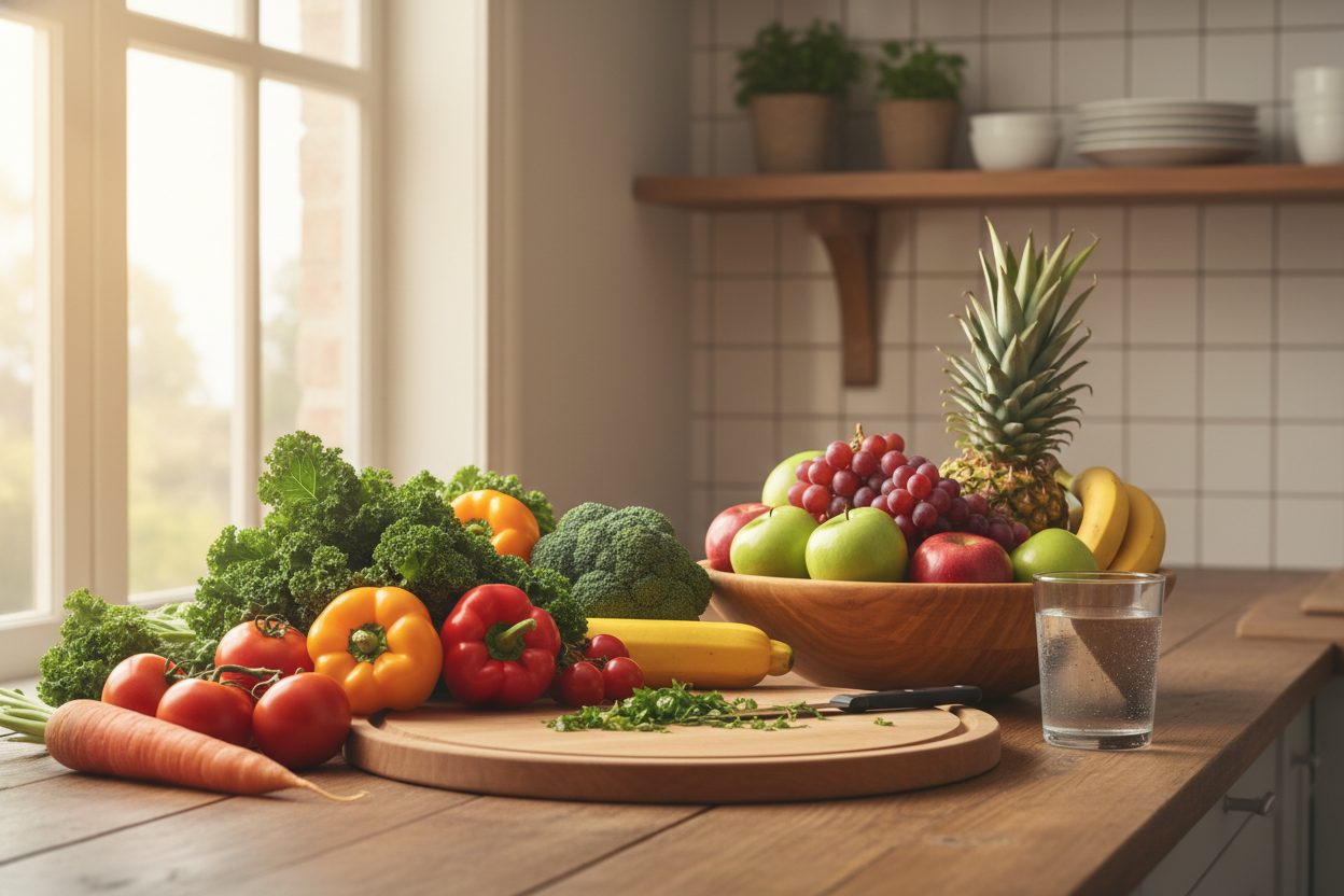 Fresh, colourful wholesome food on a kitchen counter in warm light